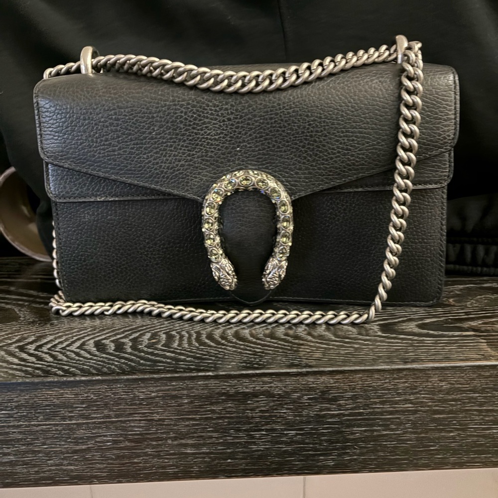 Gucci Black Leather Shoulder Bag with Silver Chain and Jeweled Horseshoe